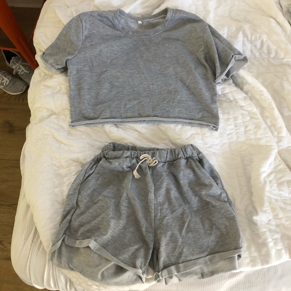 Shein heather gray crop top and shorts lounge set